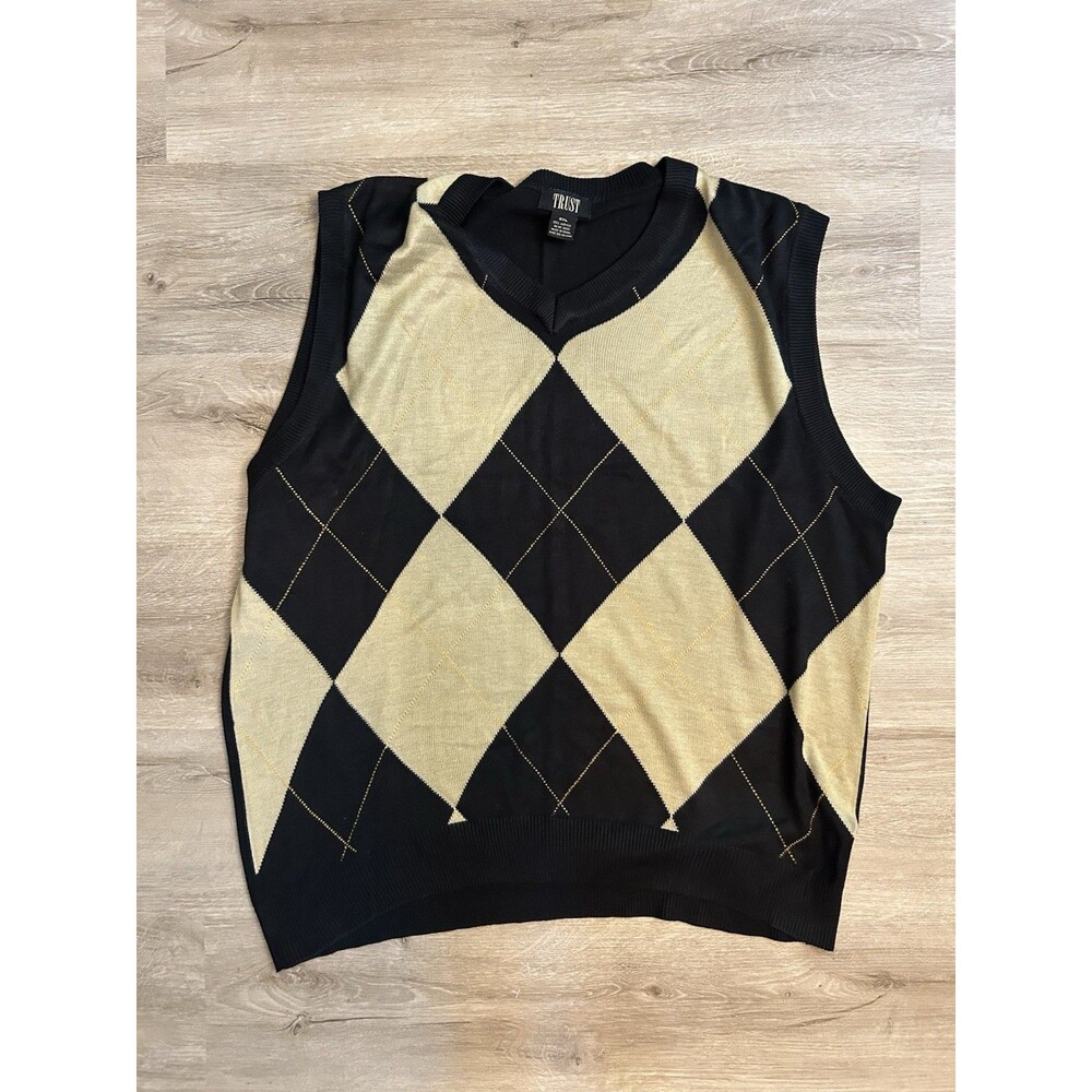 Trust 2XL Black Argyle Sweater Vest V Neck Preppy Golf Grandpa Core Knit Top - Picture 6 of 13